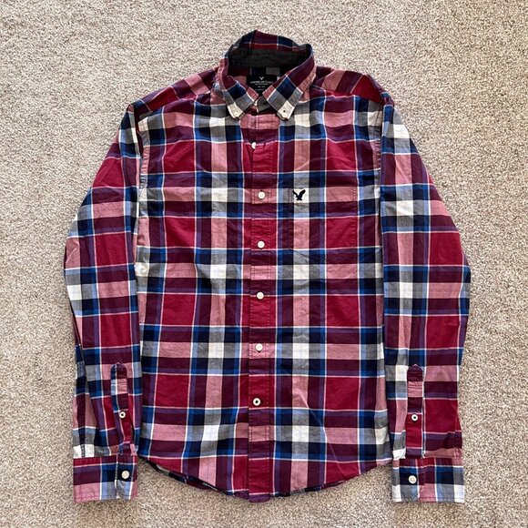 American Eagle Other - American Eagle Embroidered Red White Blue Plaid Preppy Button-down Long Sleeve M